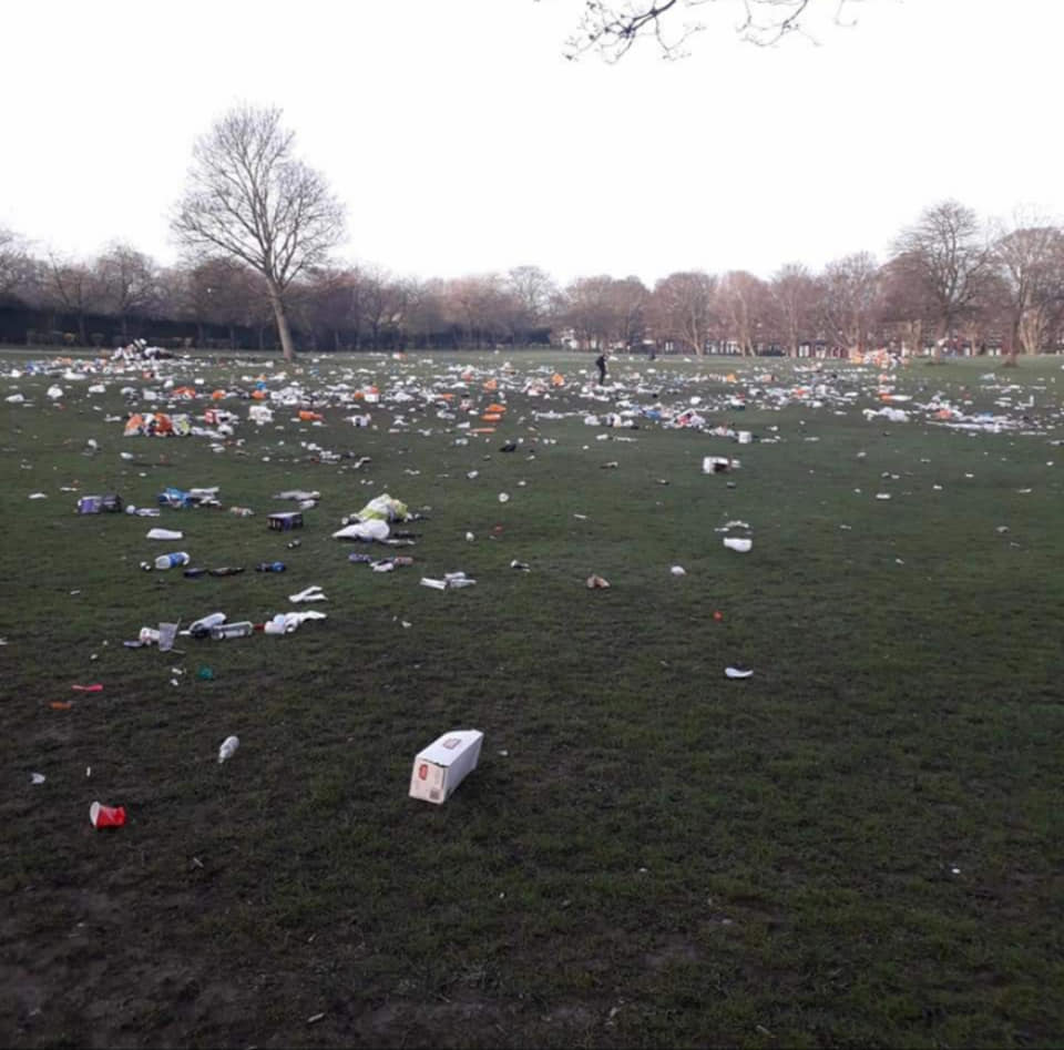 Rubbish left by gatherers spreading out across the park