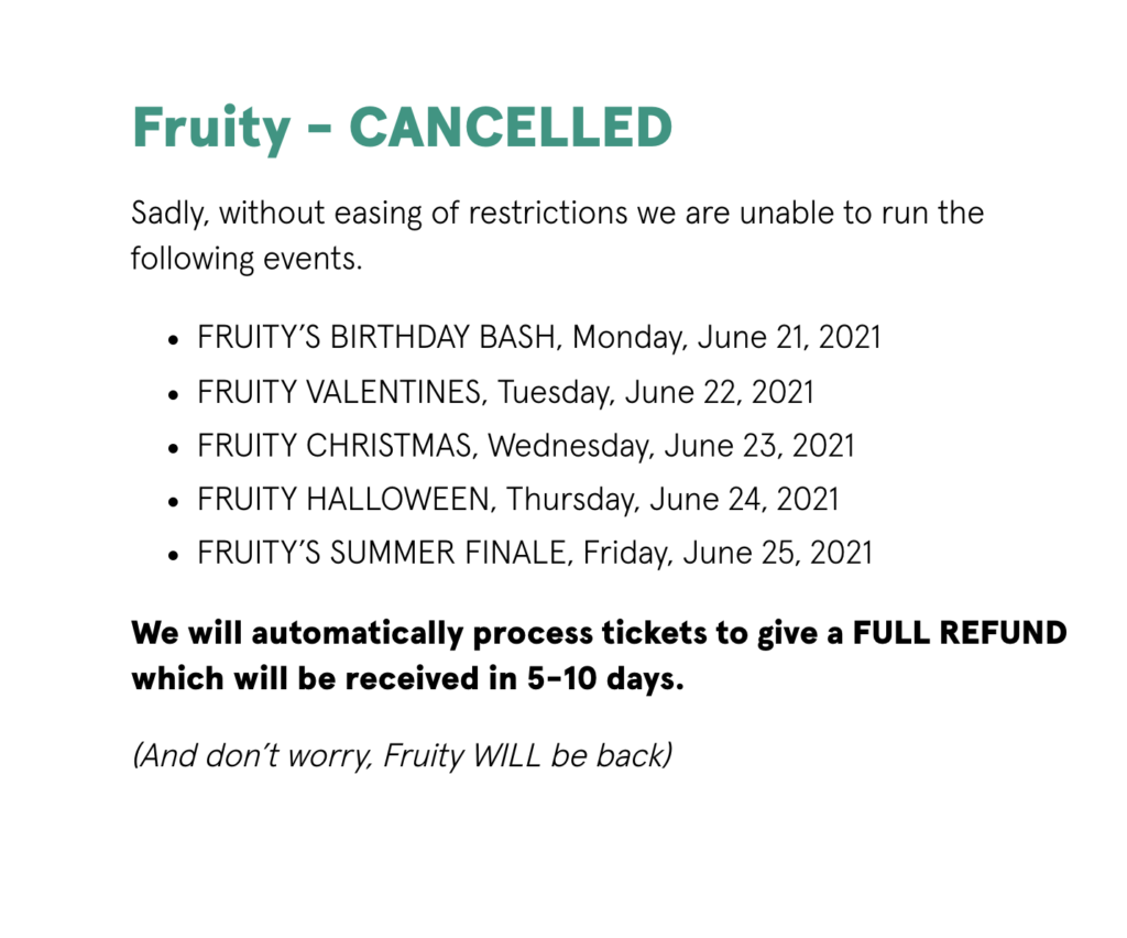 Screenshot of post stating that all Fruity events are cancelled.