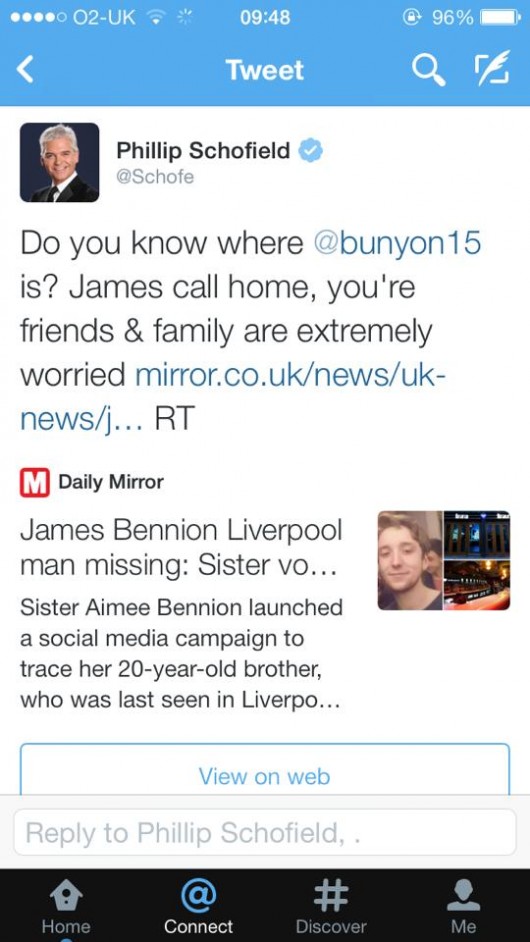Celebrities including Phillip Schofield, footballer Bradley Johnson and Dermot O'Leary have taken to twitter to aid the search