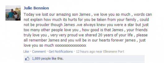 James' mothers words in the Find James Bennion Facebook group