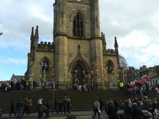 The bombed-out church became the decked-out church for the day