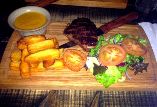 Triple cooked chips, steak and peppercorn sauce. YUM.