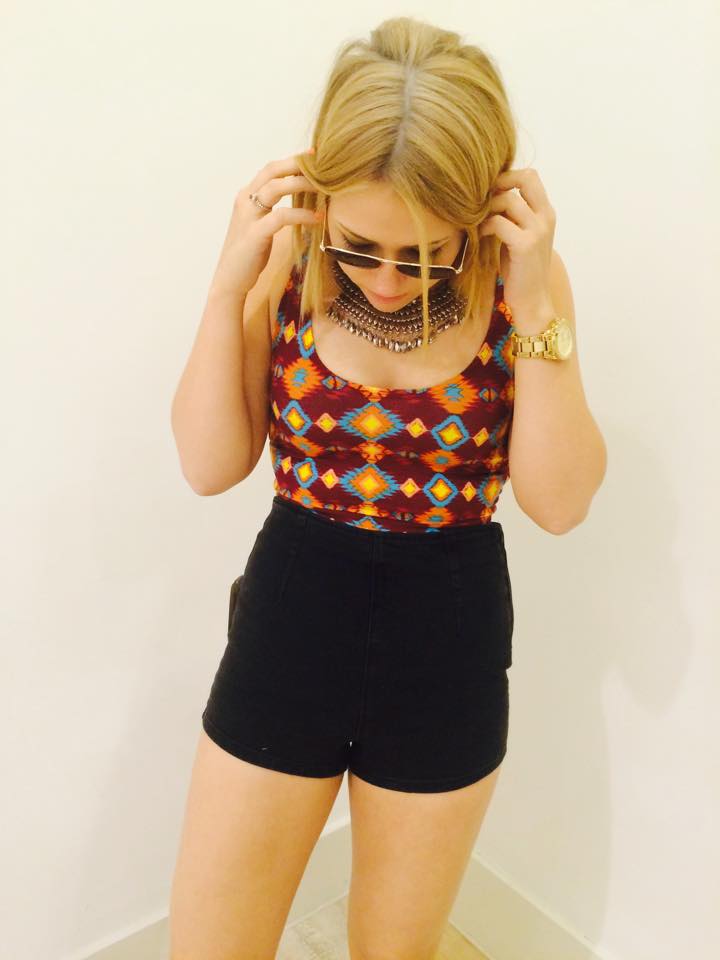 Aztec print cropped vest top, £4.50. Black denim high-waisted shorts, £10.