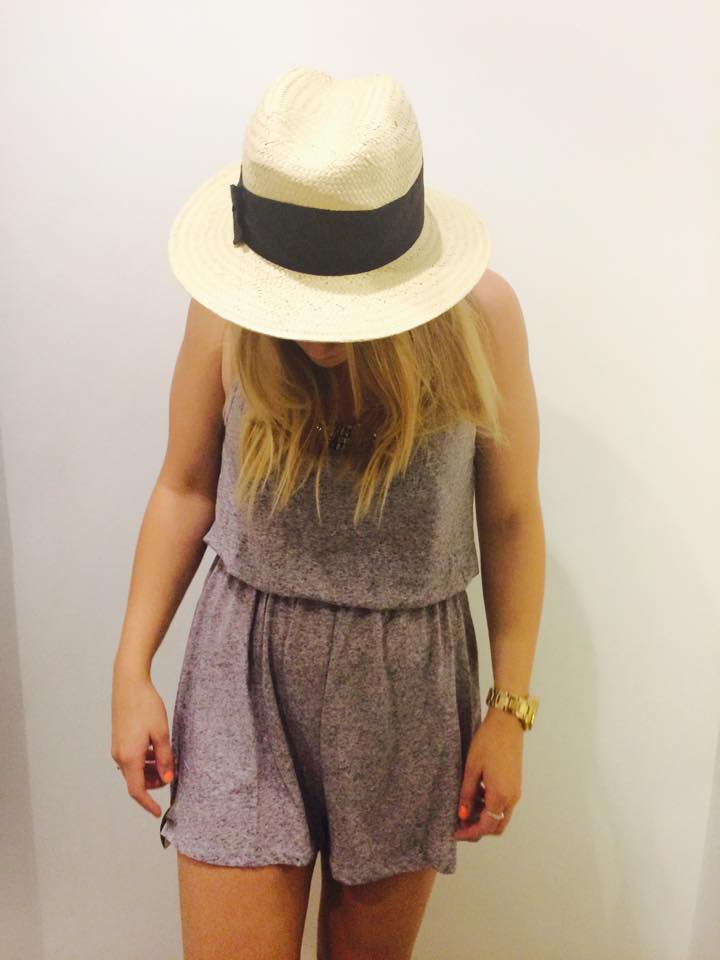 Grey Jersey playsuit, available in multiple colours, £7.99. Hat, was £9.99, now £5.