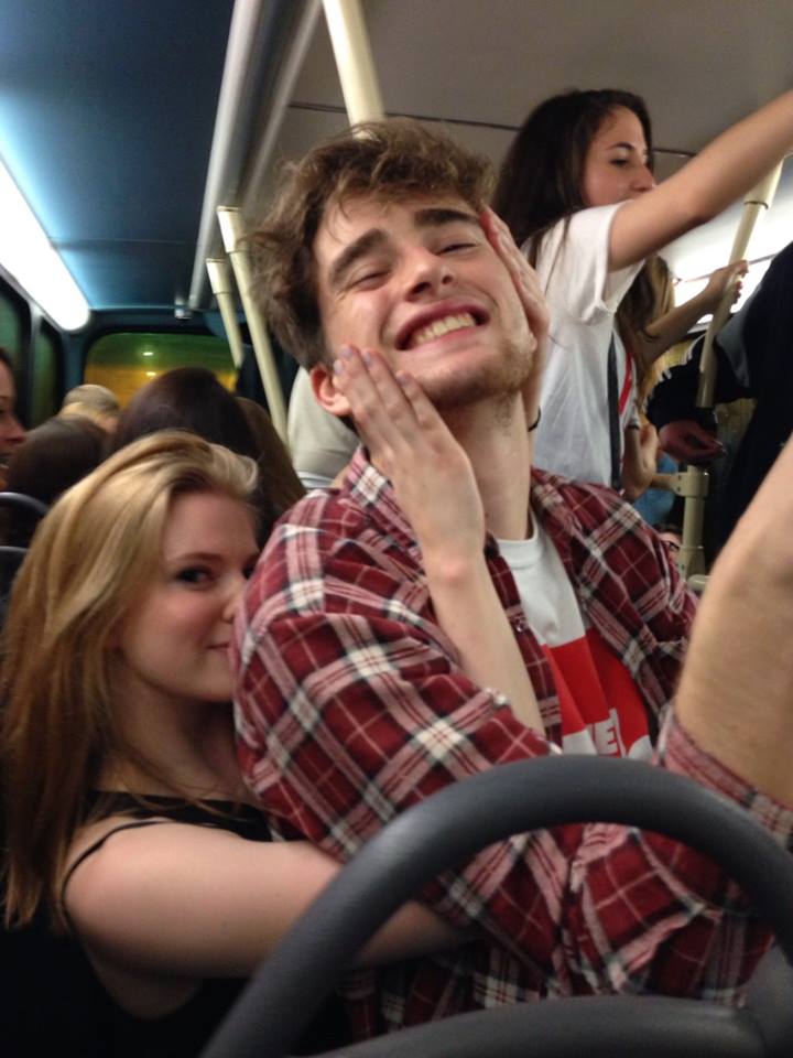 Having a serious journalism meeting, on a bus, drunk.