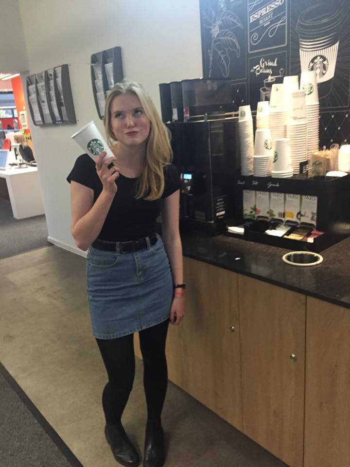 lucy unimpressed w coffee machine