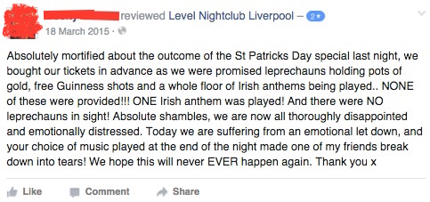 My heart cries for this lady. No leprechauns? No Guinness shots? And I bet the one song was C'est La Vie by B*Witched. Even while suffering "emotional let down" she still gave a generous two stars. 