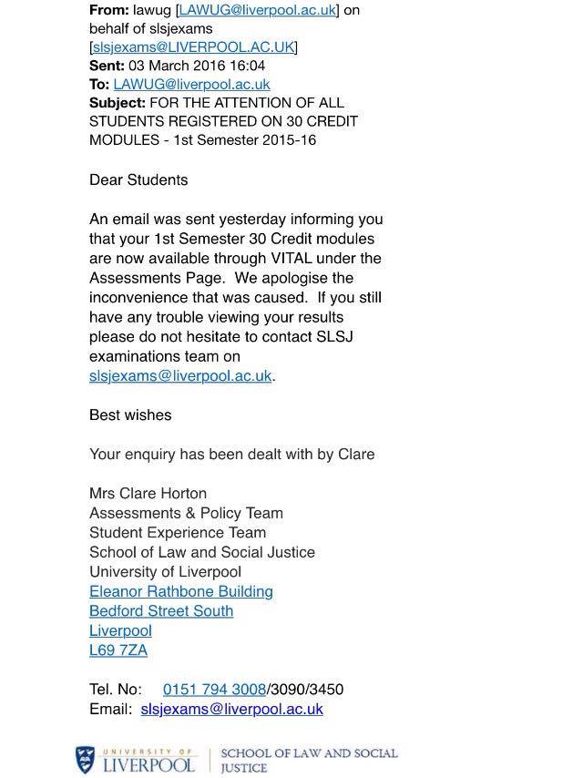 Law students received an email the following day apologising for the issue.