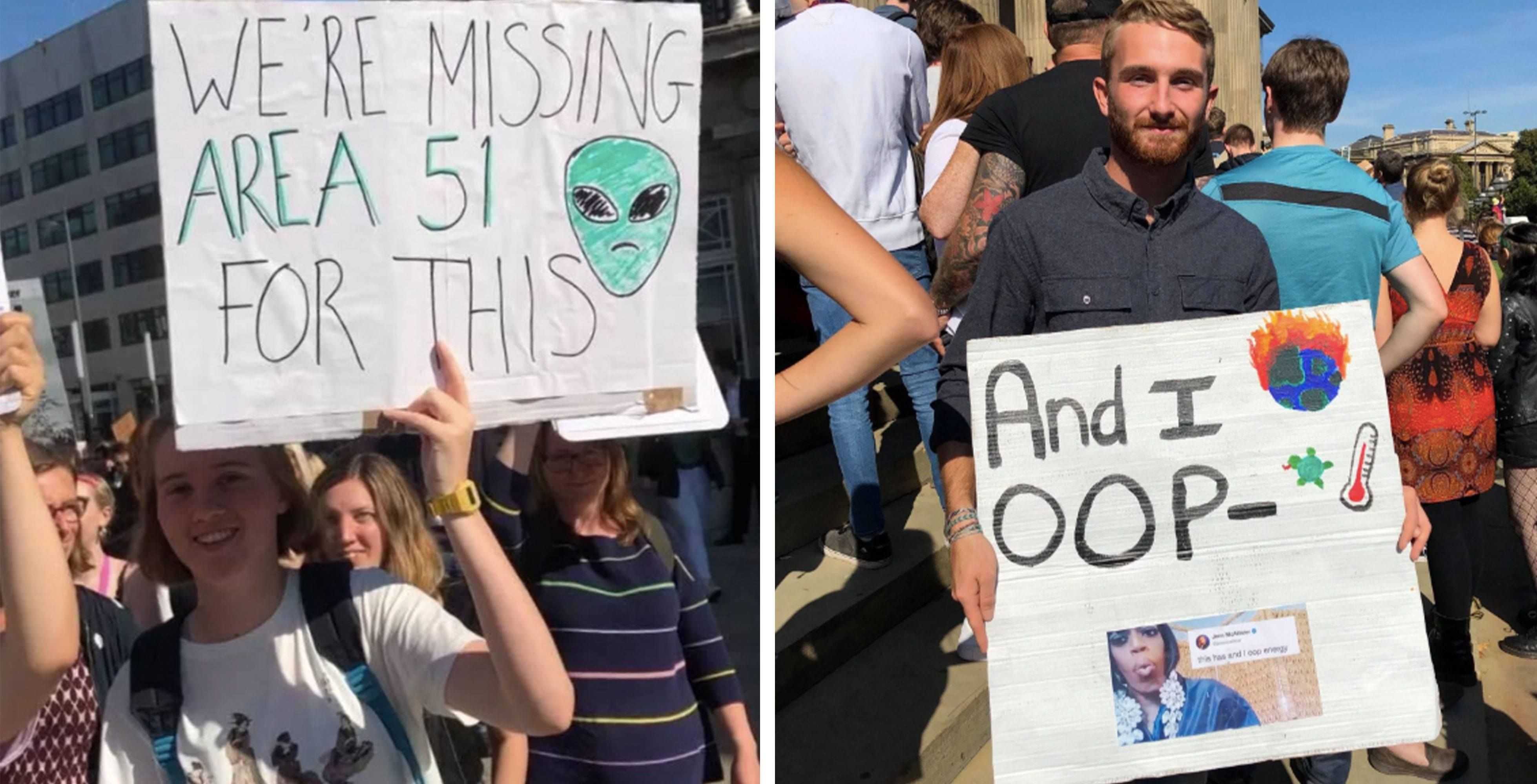 Image may contain: Clothing, Footwear, Apparel, Shoe, Banner, Poster, Advertisement, Crowd, Parade, Protest, Word, Text, Person, Human