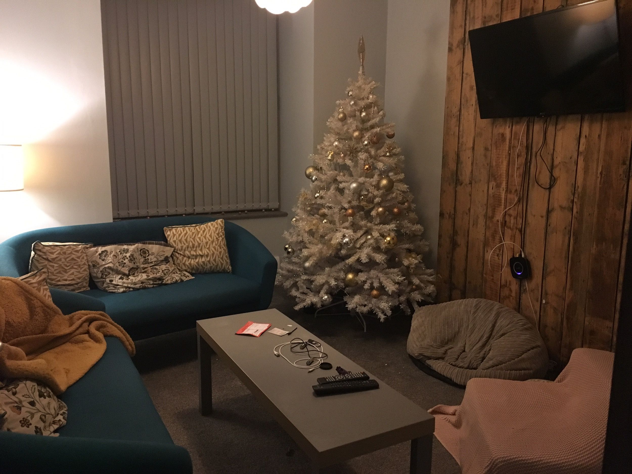 Image may contain: Wood, Coffee Table, Table, Interior Design, Ornament, Christmas Tree, Tree, Plant, Furniture, Couch, Indoors, Living Room, Room