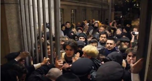 Things get rowdy as police close the gates on a horde of UoL students