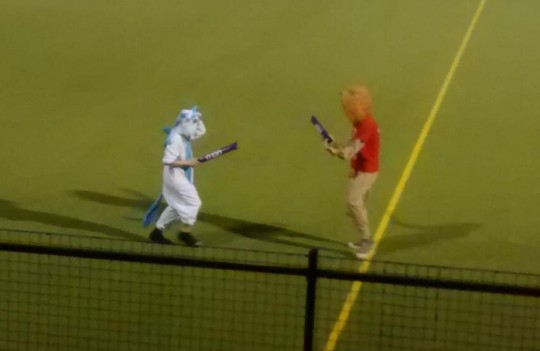 UCL Unicorn v King's lion - one wonders why our mascot gave up one of her purple swords to the enemy.