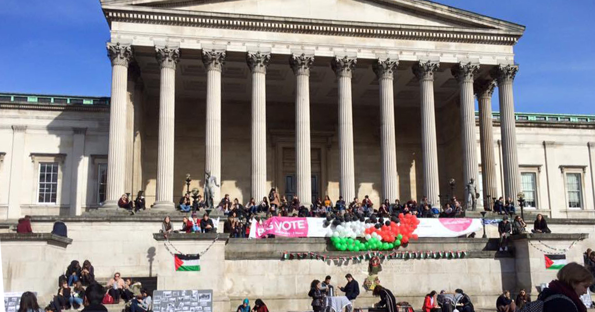 Palestinian Flags were draped over the Portico to raise awareness for Israel Apartheid Week