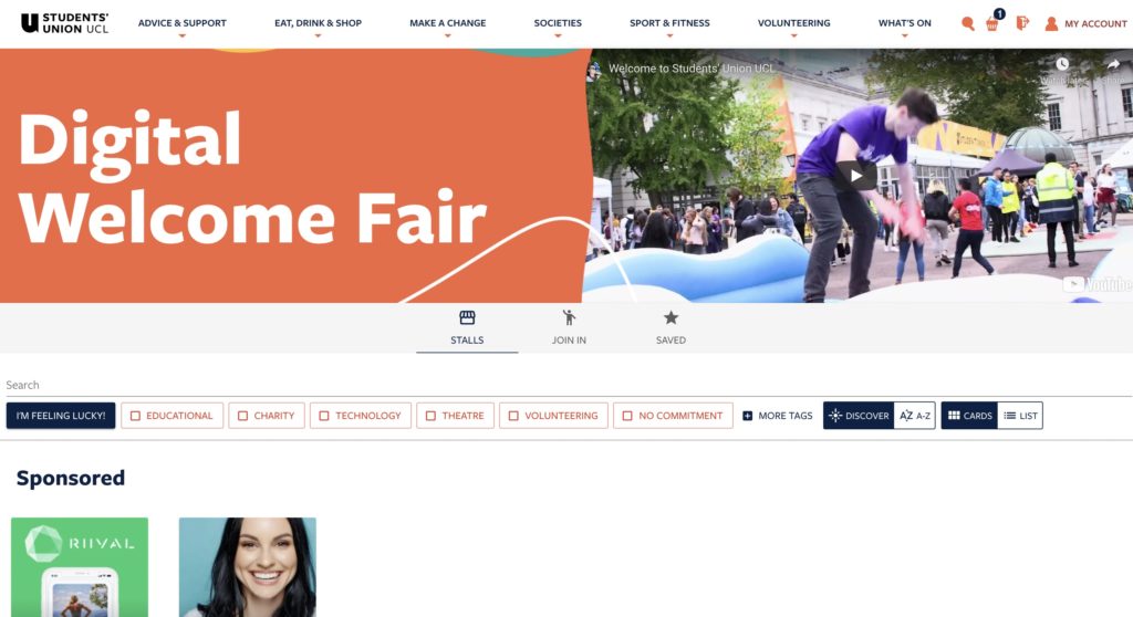 Horizontal screenshot of webpage with an orange title section with the words"Digital Welcome Fair"