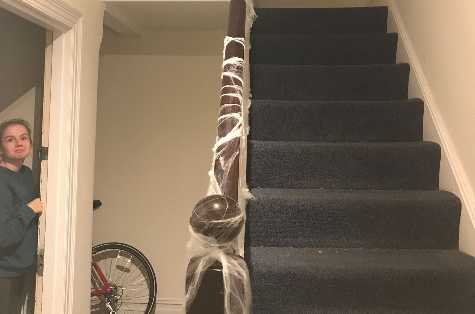 Image may contain: Vehicle, Transportation, Indoors, Interior Design, Handrail, Banister, Human, Person, Staircase, Machine, Wheel