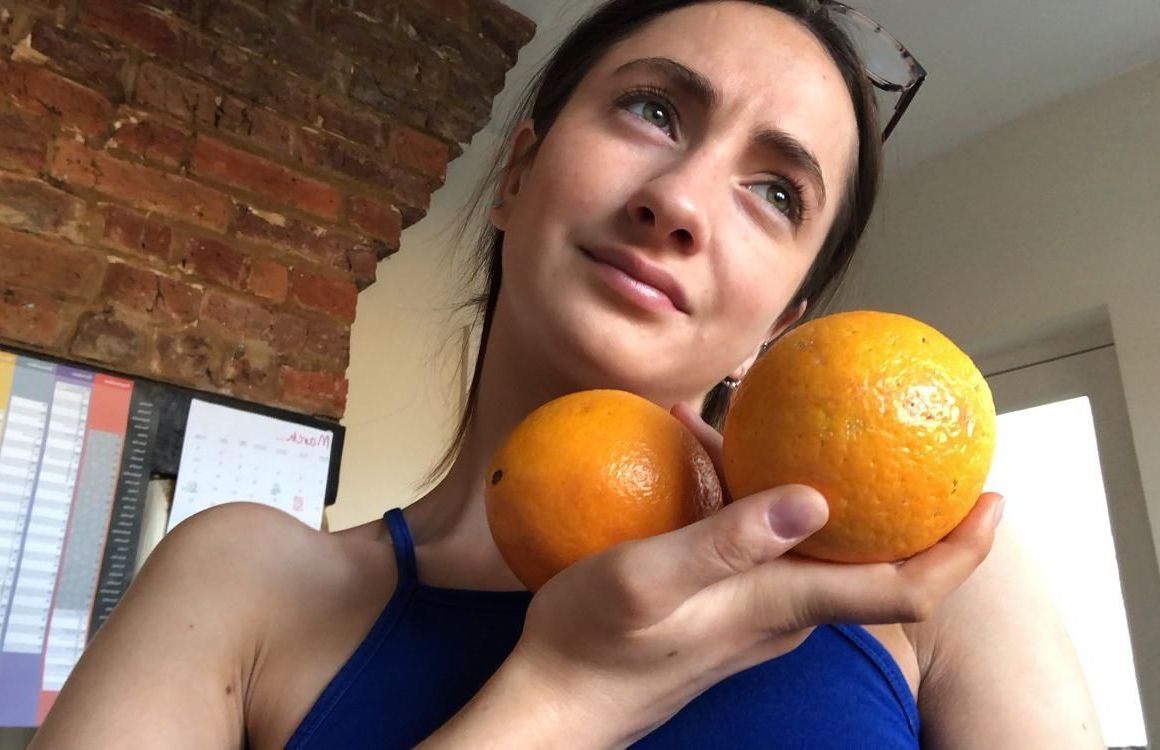 Image may contain: Portrait, Photography, Photo, Head, Female, Produce, Grapefruit, Face, Orange, Human, Person, Food, Citrus Fruit, Fruit, Plant