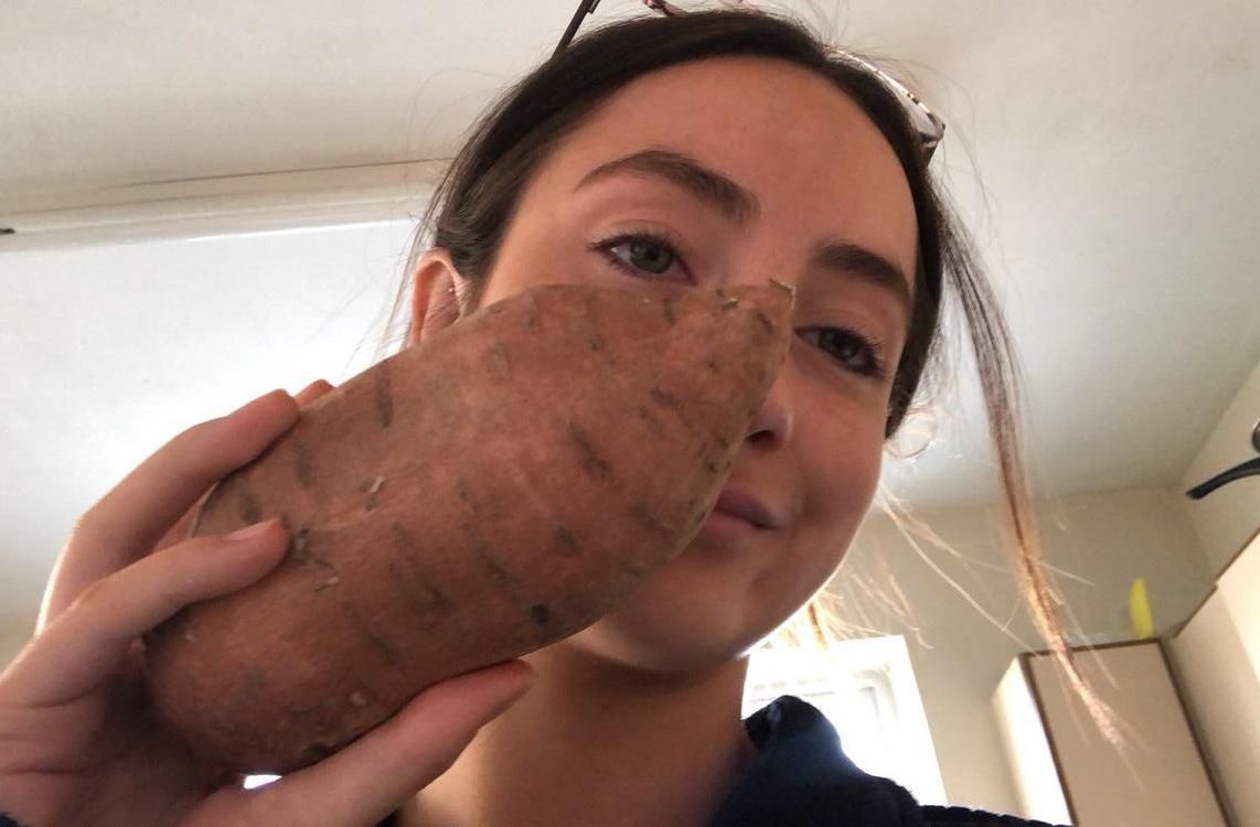 Image may contain: Sweet Potato, Produce, Yam, Vegetable, Food, Face, Person, Human, Plant