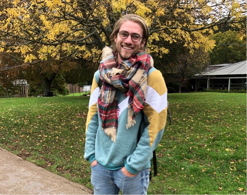 Image may contain: Grove, Forest, Land, Nature, Woodland, Path, Face, Outdoors, Park, Lawn, Jeans, Denim, Tree, Scarf, Vegetation, Human, Person, Grass, Plant, Pants, Apparel, Clothing