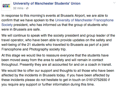 The Facebook post from the University of Manchester Students' Union