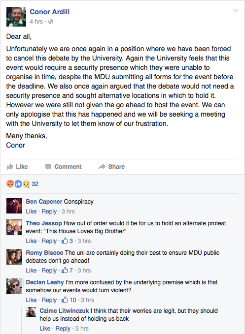 News of the cancellation was posted on the Facebook event today.