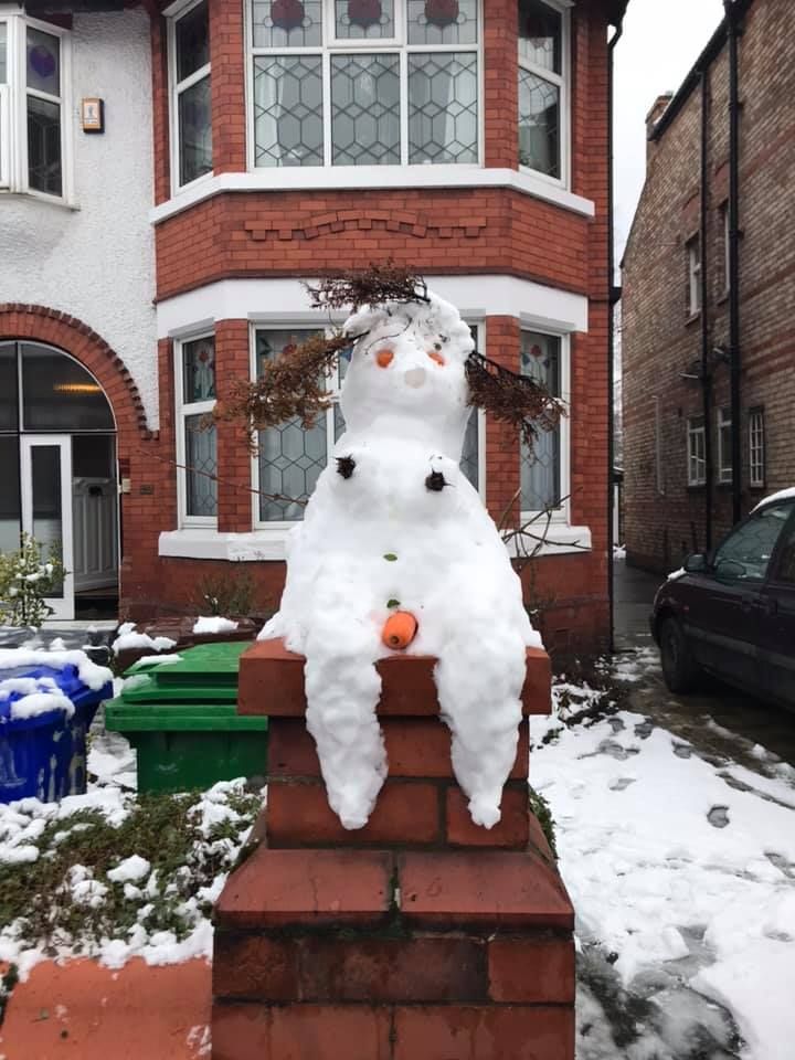 Image may contain: Yard, Ice, Brick, Urban, Neighborhood, Building, Transportation, Car, Automobile, Vehicle, Winter, Snowman, Snow, Outdoors, Nature