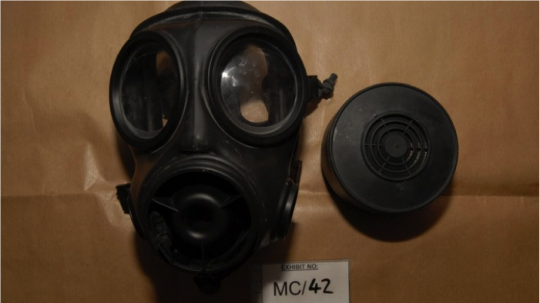 A gas mask found in Aust's room