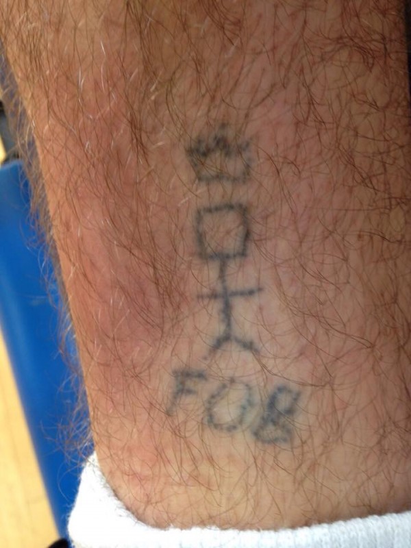 First comes the Stick Man “My friend and I were bored one day thinking of things to do and we just thought 'lets tattoo ourselves' so we went to town bought the stuff and did them on each other”