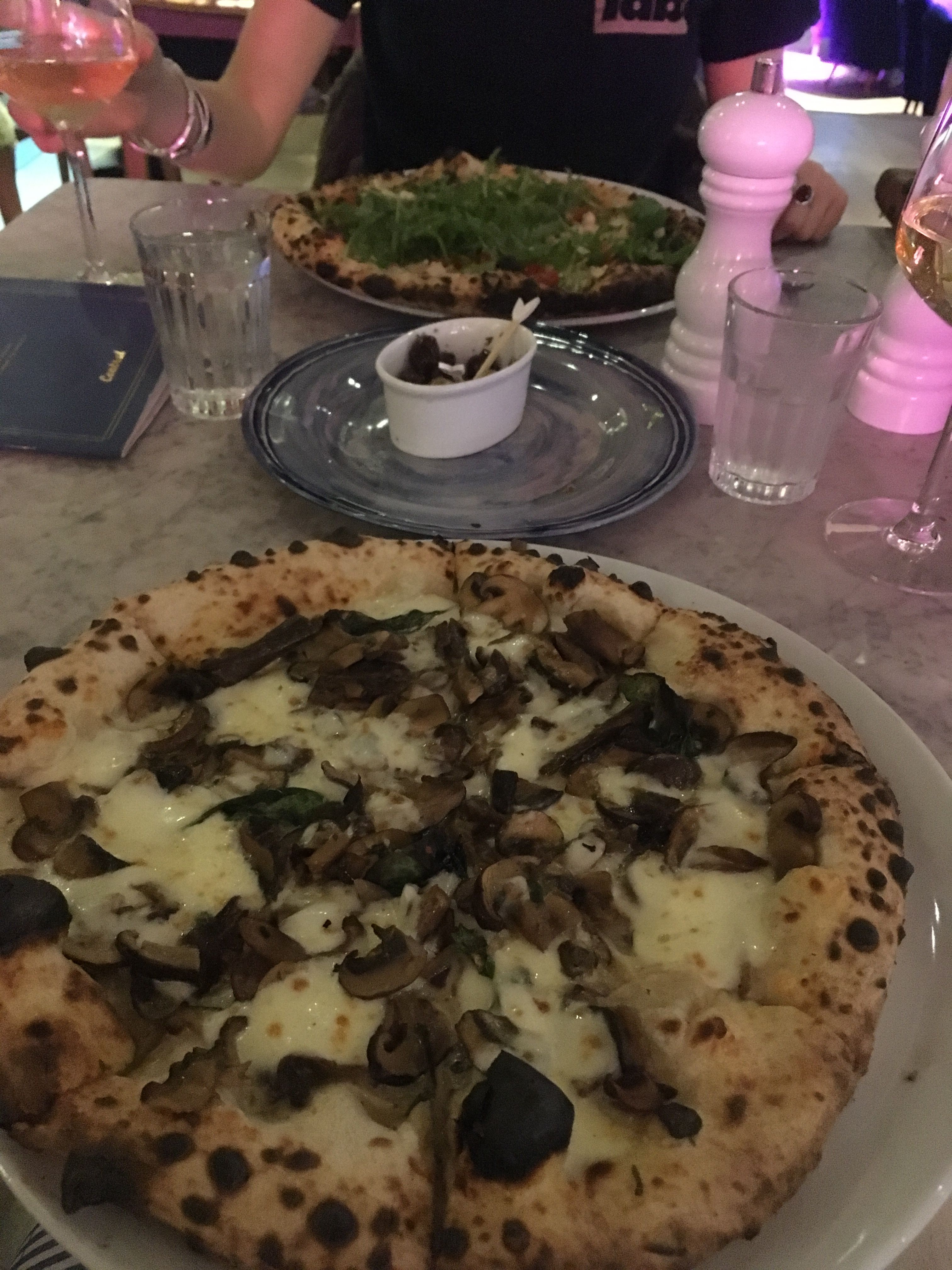 Image may contain: Bottle, Bowl, Pizza, Food, Glass
