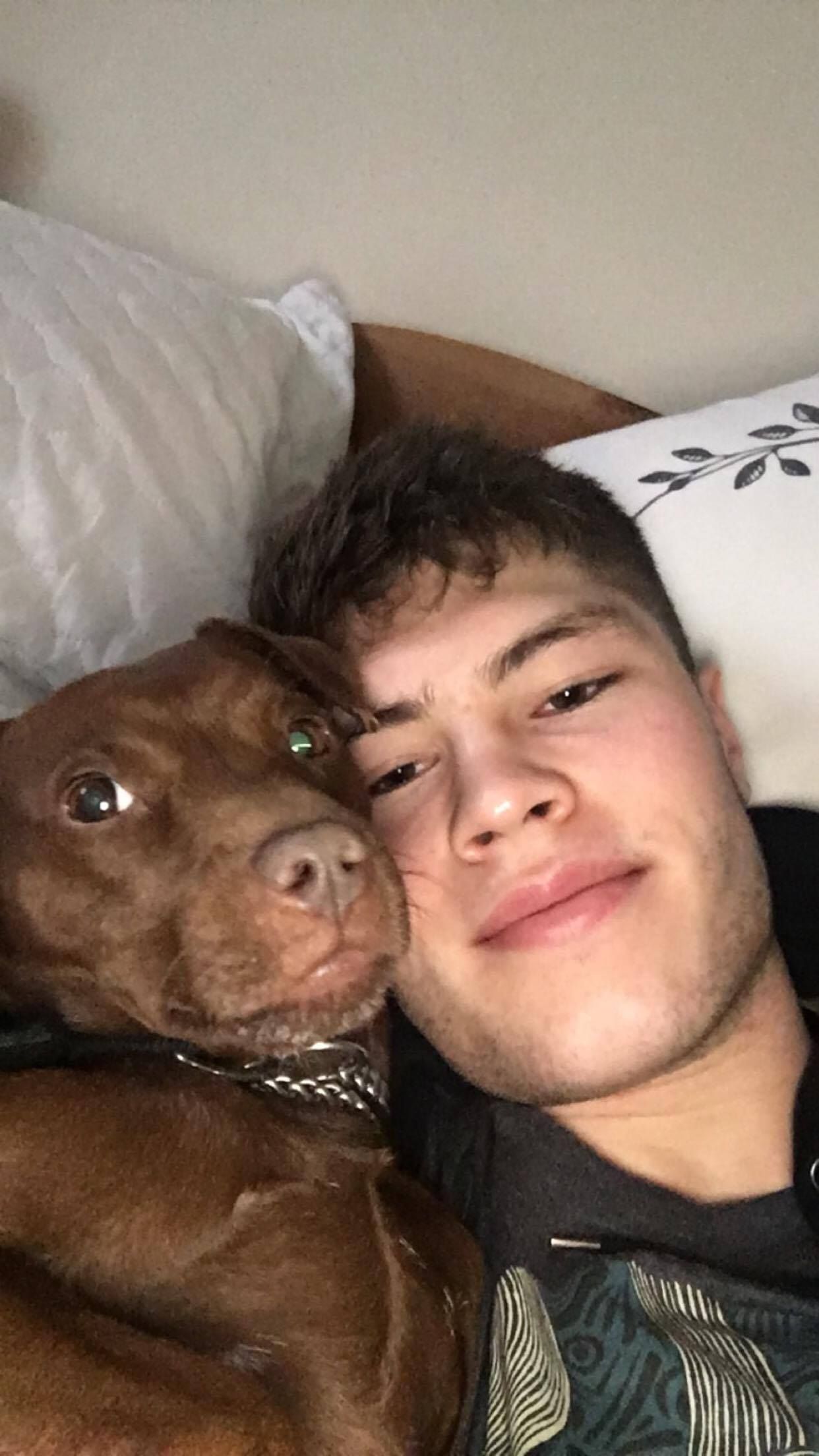 Image may contain: Man, Selfie, Sleeping, Asleep, Indoors, Bed, Photo, Photography, Portrait, Female, Furniture, Pet, Dog, Puppy, Mammal, Animal, Canine, Face, Human, Person, Cushion, Pillow