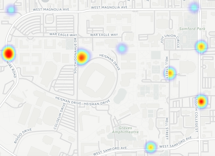 A heat map showing where sexual assaults have been reported at Auburn. Higher concentrations of reports are reflected by darker colors
