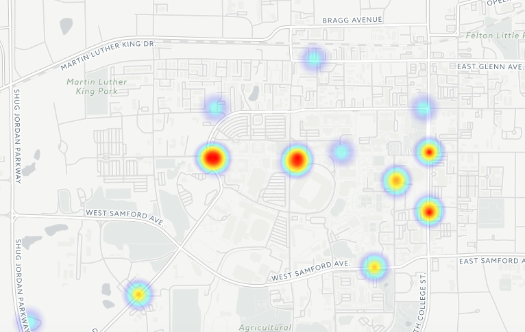 The full heat map of sexual assault reports at Auburn