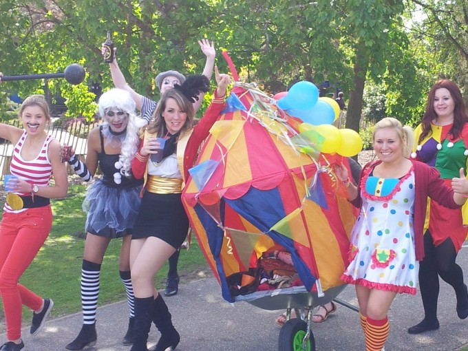 A colourful, circus-themed barrow