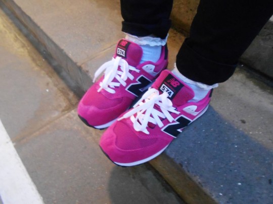 These bright pink New Balance trainers are a fashion staple, and will add a refreshing pop of colour to a pair of plain black jeans. We love how they have been styled with a pair of girly frilly socks, adding a feminine twist to the sporty trainers.