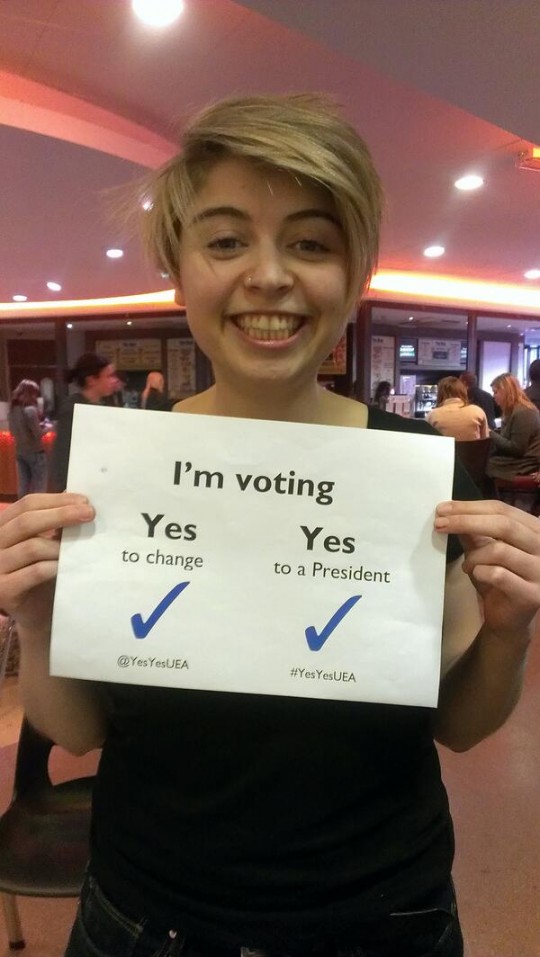 Academic Officer Louise Withers Green is voting Yes Yes!