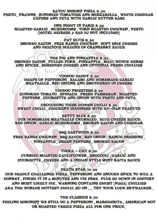 The Voodoo Daddy's Pizza Menu.