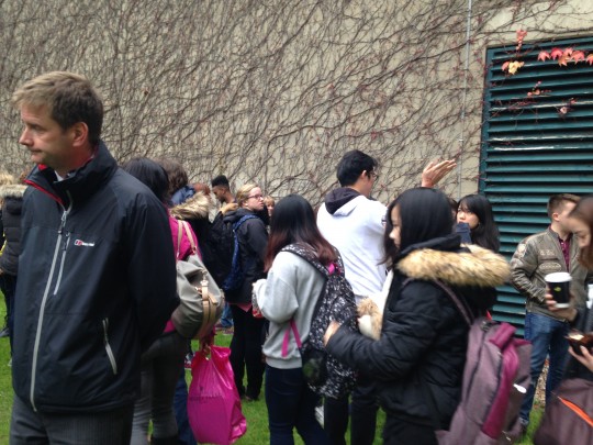 Students waited outside the library to be let back in