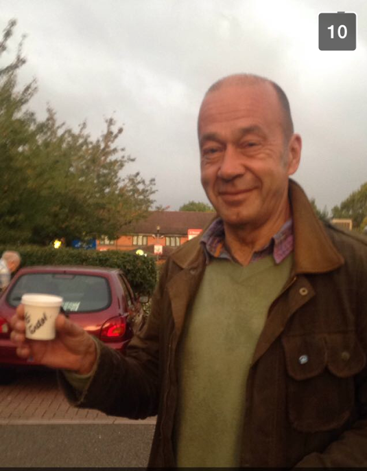 Dad now getting to enjoy the finer things in life, such as being baffled by having his name written on a coffee cup
