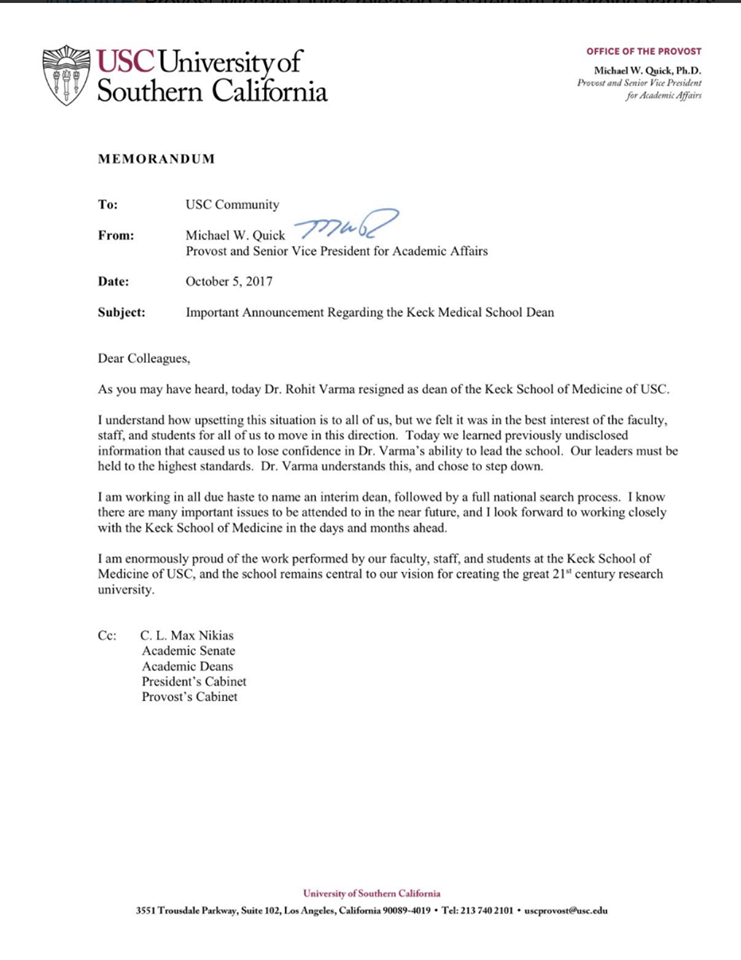 Memo from Provost Quick regarding Varma's dismissal