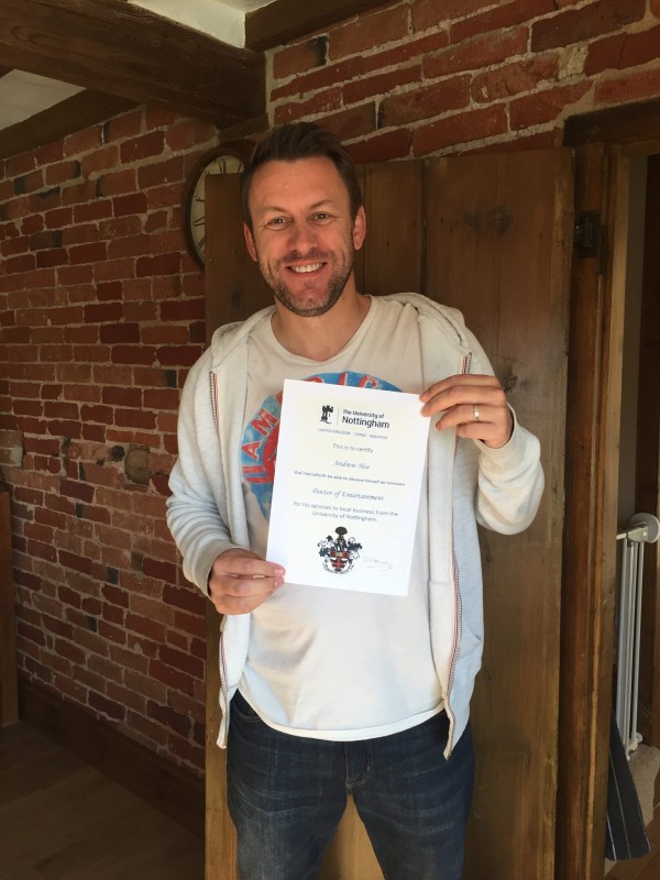 Proud Andy with his fake honorary degree this April Fools