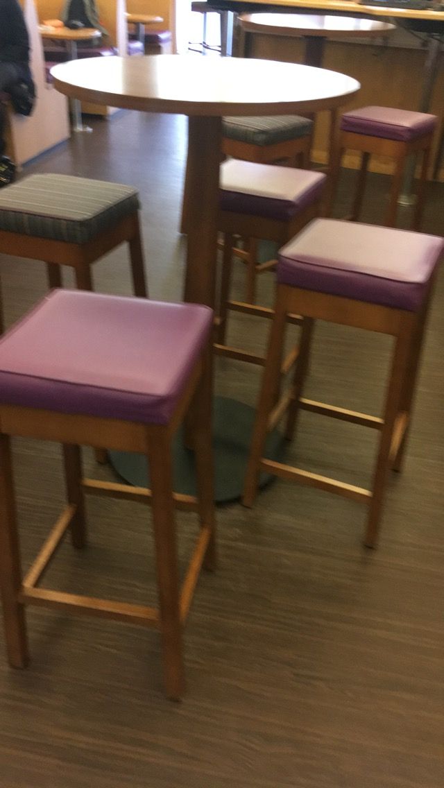 Image may contain: Wood, Dining Table, Table, Person, Human, Bar Stool, Chair, Furniture