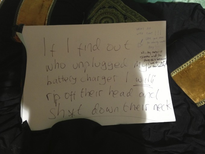 Found in Press Tent next to Miles' charger