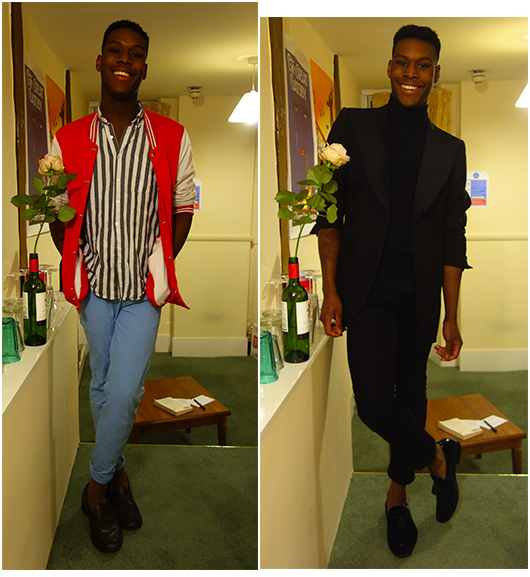 Day: Varsity Jacket - Leavers Jacket / Chinos- H&M / Shirt - American Apparel / Loafers Evening: Turtleneck - Uniqlo / Jeans - H&M / Loafers - Dune / Jacket- Vintage 
