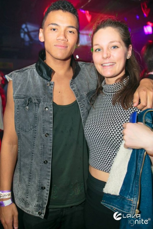A stylish neckline never goes amiss, and this pair have it nailed. This girl look incredible in a rollneck dogtooth-print top, and this guy's grey denim jacket with leather collar reminds us of something out of John Richmond's new collection.