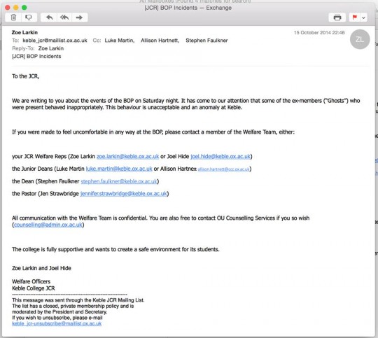 Email sent to JCR