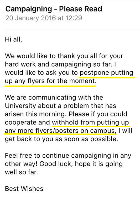Email sent to candidates to ask them to not put posters up