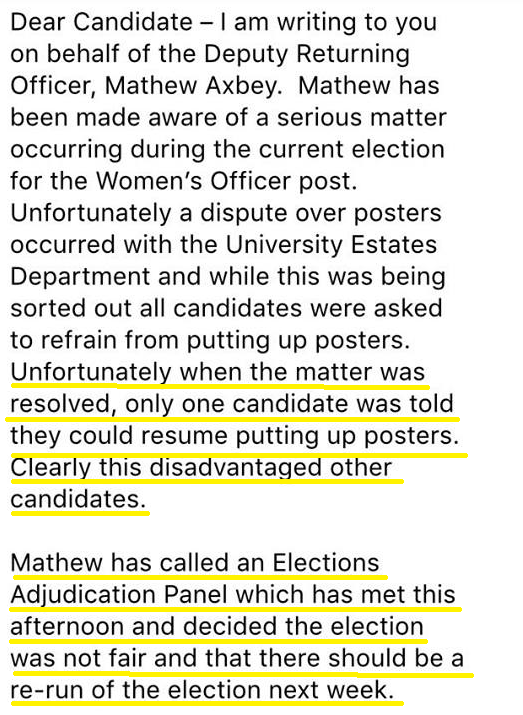 Email sent to candidates stating that an email allowing for the return of postering was only sent to one candidate and that the panel had met and decided that the election was void due to the error
