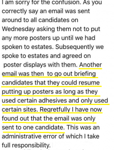Another email supporting the fact that the email to allow posters to go up was only sent to one candidate
