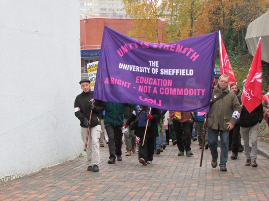 On the move: strikers march on to city centre to join Hallam protesters