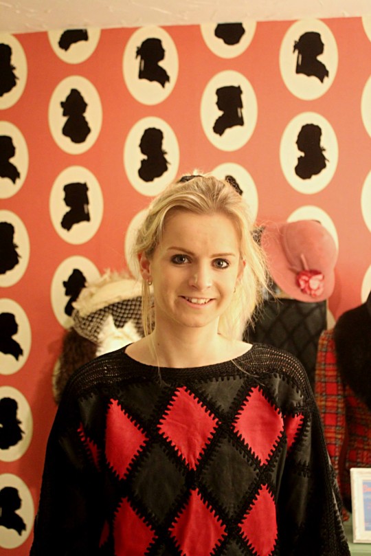 Trying on a retro jumper in Mooch