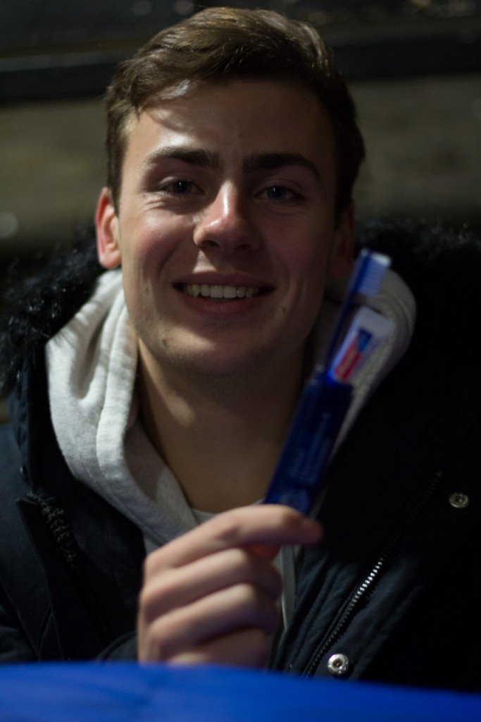 James Devan, 18, a first-year Medicine student, armed with his travel toothbrush and toothpaste, ahead of the RAG Sleepout in Solidarity.